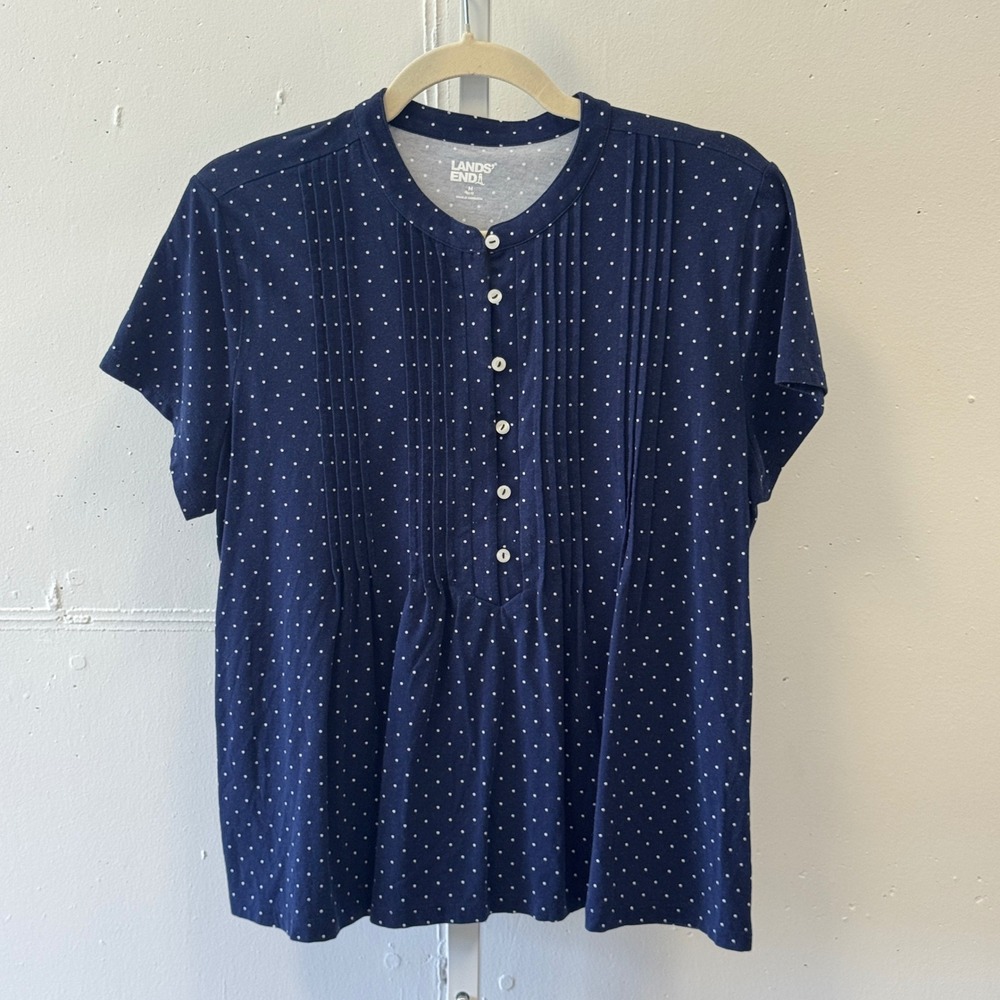 Lands End Navy Blue Polka Dot Pintuck Henley Top Short Sleeve Sz M 10-12 544524